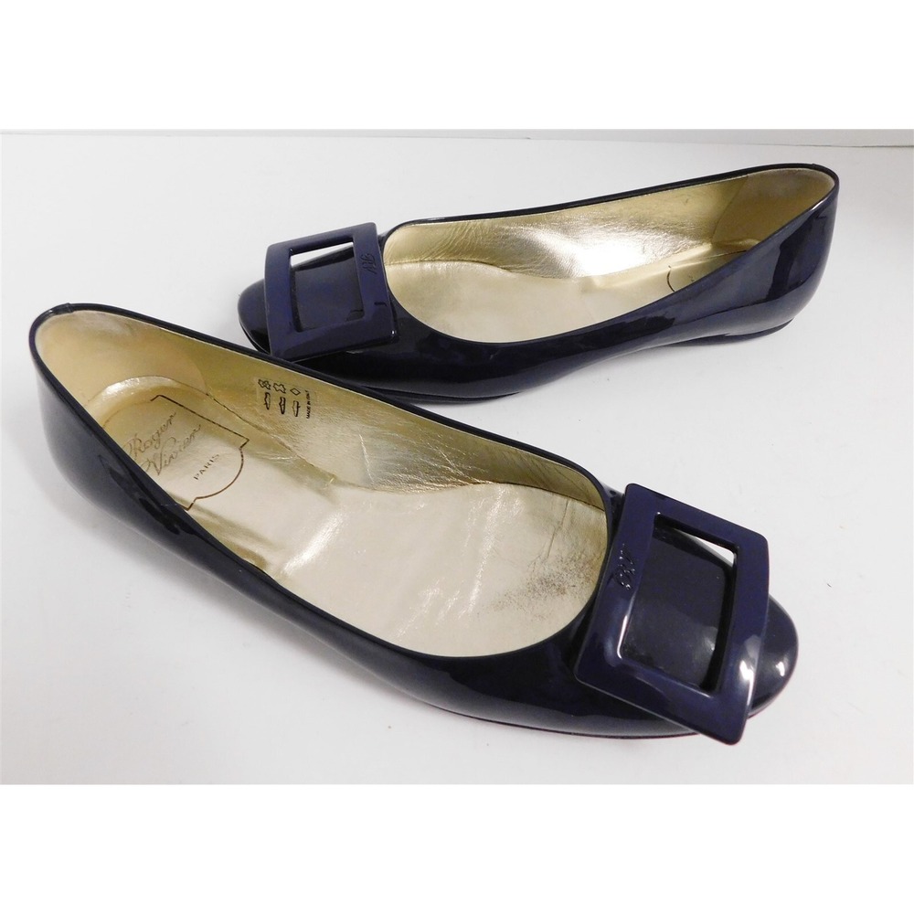 Roger Vivier Paris Navy Blue Patent leather Buckle Ballet Falts Italy 37.5 - Picture 2 of 7